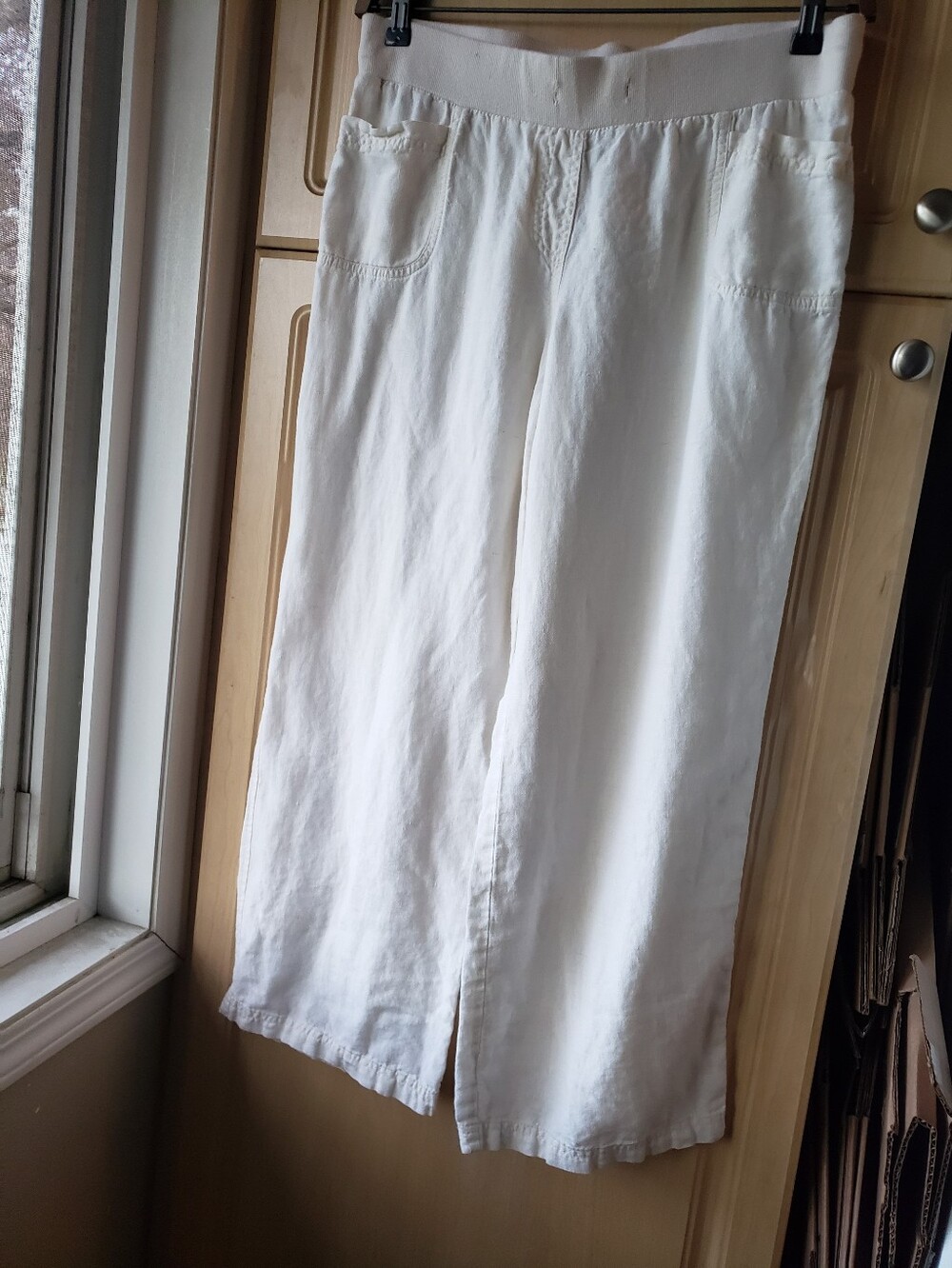 Women's 100% Linen White Straight Leg Pants Pockets